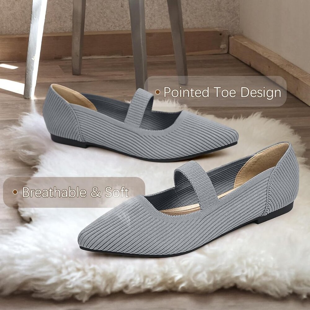Women's Grey Flats Shoes Pointed Toe Knit Washable Ballet Comfortable Flat - Picture 5 of 6